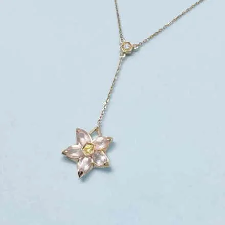 桜リバーシブルK10Ｙ字ネックレス｜ダイヤモンド×ローズクォーツ×イエローサファイア