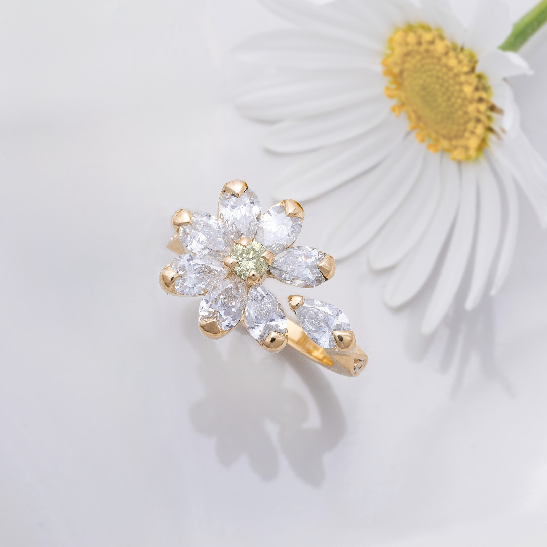 ミオハルタカ マーガレット ブラックダイヤ・ダイヤ フラワーリング 11号 マーガレットK18ダイヤモンド花占いフラワーリング