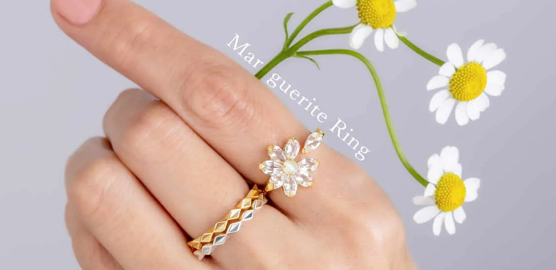 マーガレットの花とK18クリソベリルキャッツアイフラワーリング